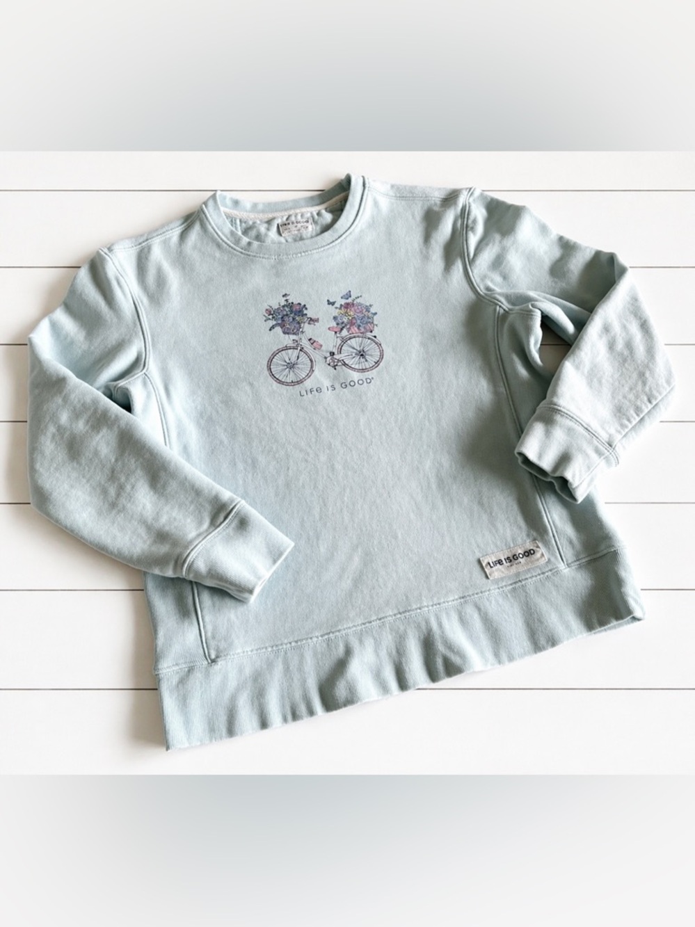 Life is Good Sweatshirt Light Blue Bicycle Flowers M Medium women's pullover